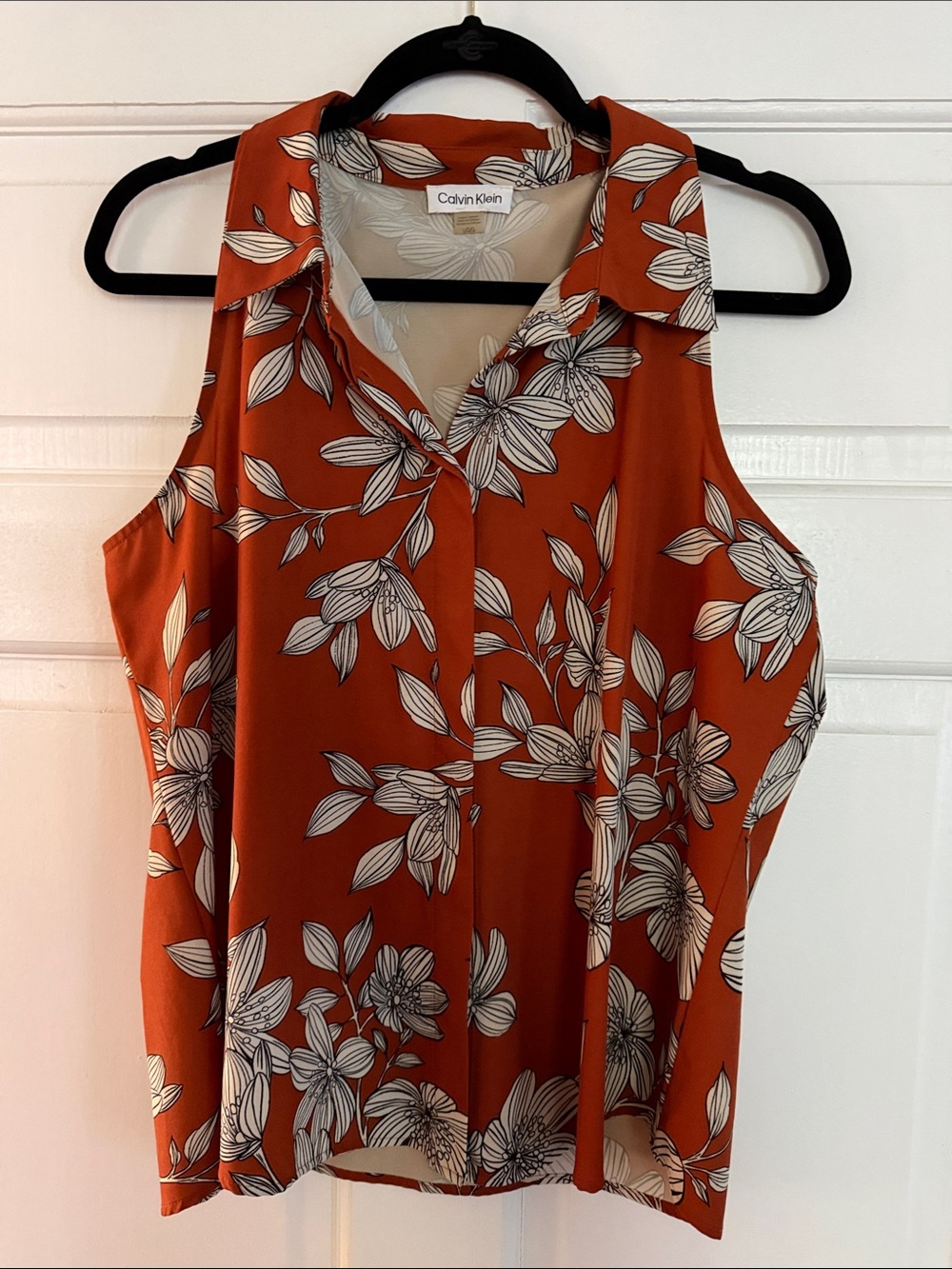 Calvin Klein Floral Sleeveless Button-Up - Rust Orange
